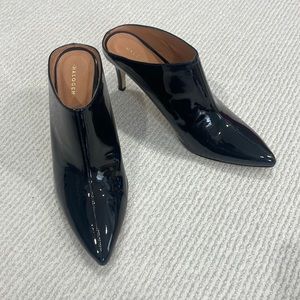 Black patent open back booties